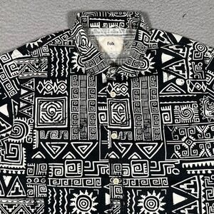 Folk Clothing Shirt Mens Large Black Tribal Graphic Linen Blend Button Up Preppy